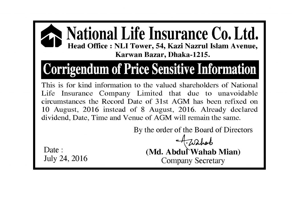 National Life Ins. Co. Ltd. (Corrigendum Price Sensitive Information) English
